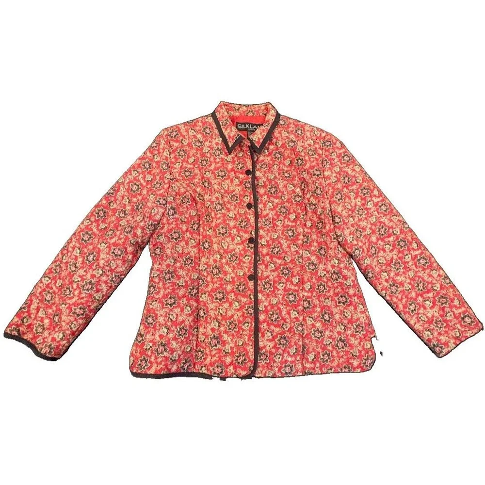 Vintage Silkland 100% Silk Jacket Blazer Red Black Floral Size Petite Large